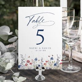 Navy Blue Watercolor Wildflower Rustic Wedding Tischnummer