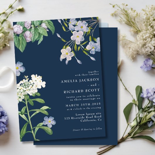 Navy blue watercolor wildflowers classic wedding einladung
