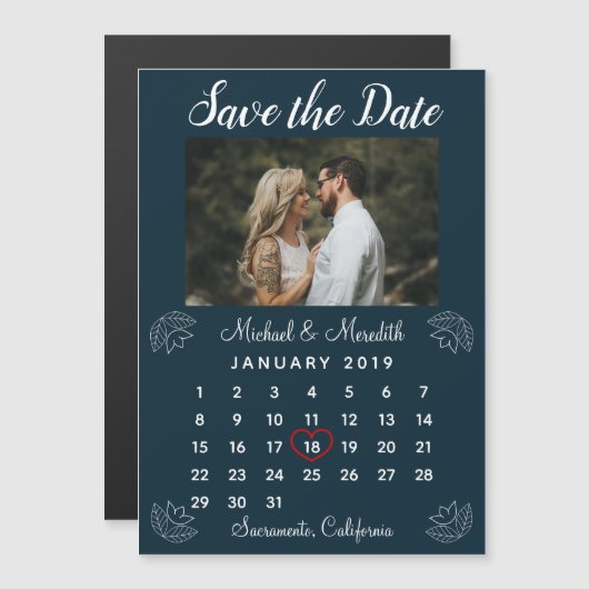 Navy Blue Wedding Calendar Foto Save the Date Magneteinladung (Vorne/Hinten)