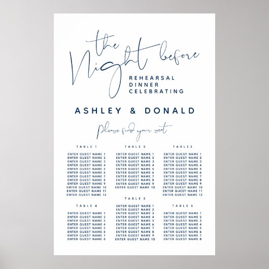 Navy Blue, Wedding Dinner Guest Seating Charts Poster (Vorne)