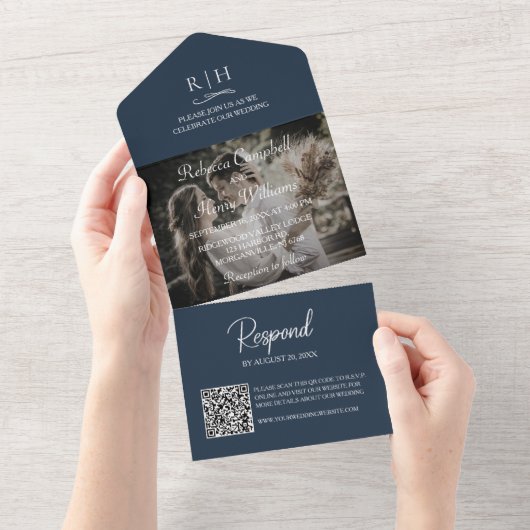 Navy Blue Wedding Foto | Monogram QR Code All In One Einladung (Abreißen)