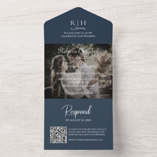 Navy Blue Wedding Foto | Monogram QR Code All In One Einladung (Innen Boden)