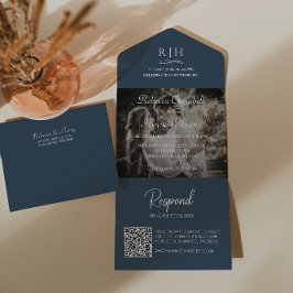 Navy Blue Wedding Foto | Monogram QR Code All In One Einladung
