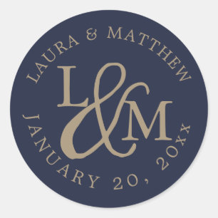 Navy Blue Wedding Monogram Runder Aufkleber