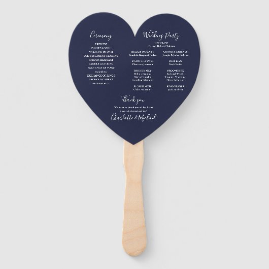 Navy Blue Wedding Program Heart Hand Fan Fächer (Rückseite)