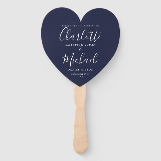 Navy Blue Wedding Program Heart Hand Fan Fächer (Vorderseite)