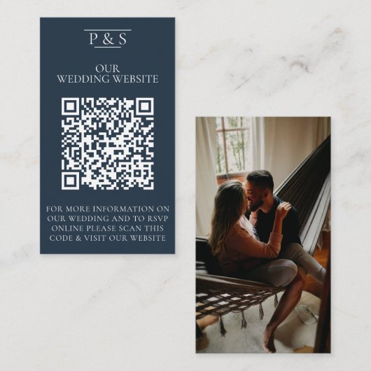 Navy Blue Wedding Website QR Code Photo Rsvp Begleitkarte (Vorne/Hinten)