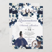 Navy Blue Western Charra Floral Boots Quinceañera Einladung (Vorne/Hinten)
