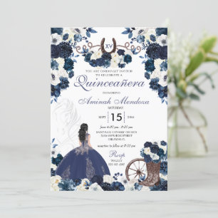 Navy Blue Western Charra Floral Boots Quinceañera Einladung