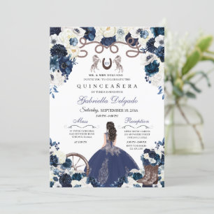 Navy Blue Western Charra Girl Ranchero Quinceanera Einladung