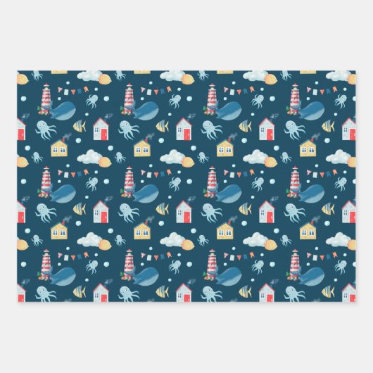 Navy Blue Whale Geschenkpapier Set (Vorderseite)