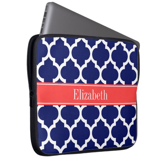 Navy Blue Whcan #5 Coral Red Name Monogram Laptopschutzhülle (Vorne Rechts)