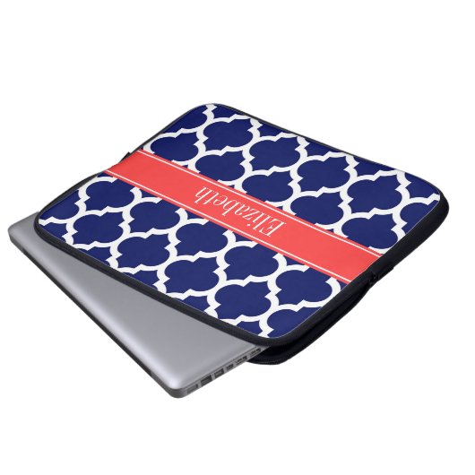 Navy Blue Whcan #5 Coral Red Name Monogram Laptopschutzhülle (Vorne Knopf)