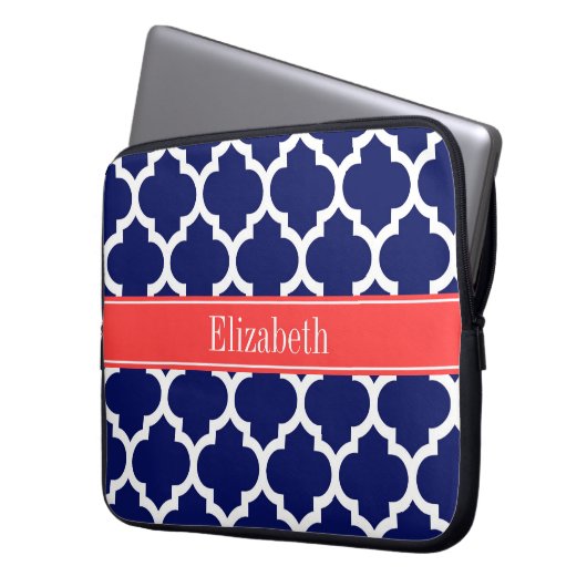 Navy Blue Whcan #5 Coral Red Name Monogram Laptopschutzhülle (Vorderseite Links)