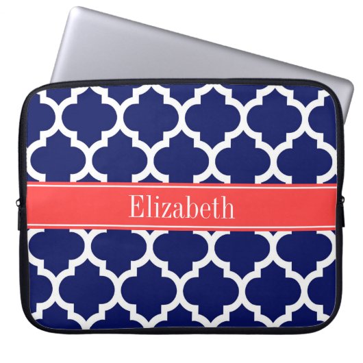 Navy Blue Whcan #5 Coral Red Name Monogram Laptopschutzhülle (Vorderseite)