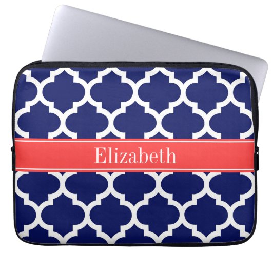 Navy Blue Whcan #5 Coral Red Name Monogram Laptopschutzhülle (Vorderseite)