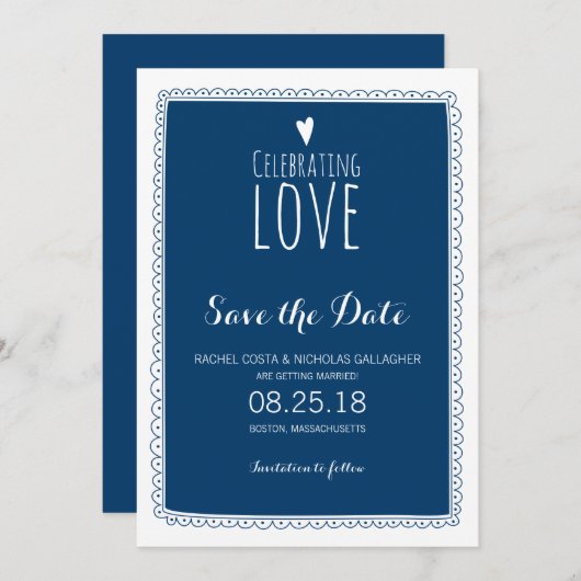 Navy Blue Whimsical Doodle Frame Save the Date Einladung (Vorne/Hinten)