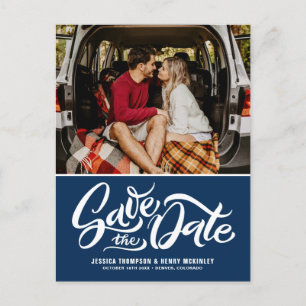 Navy Blue Whimsical Letted Foto Save the Date Ankündigungspostkarte