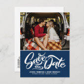 Navy Blue Whimsical Letted Foto Save the Date Ankündigungspostkarte (Vorne/Hinten)