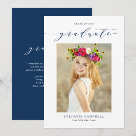 Navy Blue Whimsical Script Foto Abschluss Ankündigung