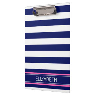 Navy Blue Whisky Stripe Hot Pink Name Monogram Klemmbrett