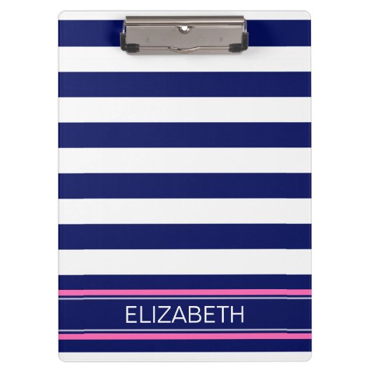 Navy Blue Whisky Stripe Hot Pink Name Monogram Klemmbrett (Vorderseite)