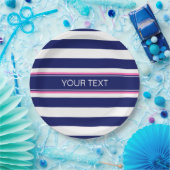 Navy Blue Whisky Stripe Hot Pink Name Monogram Pappteller (Party)