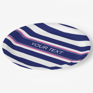 Navy Blue Whisky Stripe Hot Pink Name Monogram Pappteller