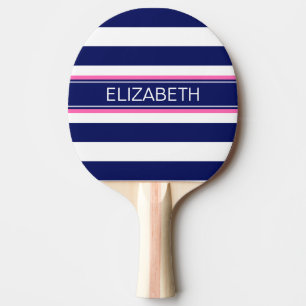 Navy Blue Whisky Stripe Hot Pink Name Monogram Tischtennis Schläger