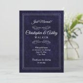 Navy Blue White 2 Sided Photo Wedding Announcement (Stehend Vorderseite)