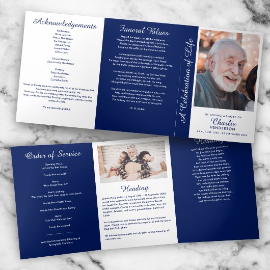 Navy Blue & White 6-Seiten-Trifold-Beerdigung Prog Dreifach-gefaltete Programmkarte