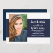 Navy Blue White Abschluss Foto Save the Date Einladung (Vorne/Hinten)