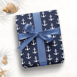 Navy Blue White Anchor Nautical Geschenkpapier
