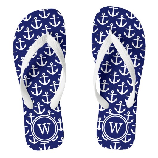 Navy Blue White Anchors Navy Rnd Rnd Monogram Badesandalen (Fußbett)