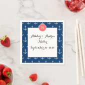 Navy Blue White Anchors Pattern Coral Monogram Serviette (Beispiel)