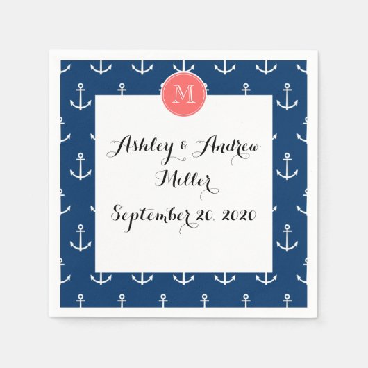Navy Blue White Anchors Pattern Coral Monogram Serviette (Vorderseite)