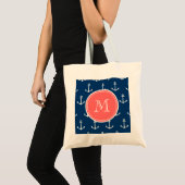 Navy Blue White Anchors Pattern Coral Monogram Tragetasche (Vorderseite (Produkt))