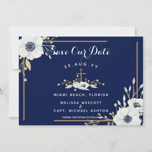 Navy Blue & White Anemone Anchor Nautical Wedding Save The Date (Vorderseite)
