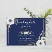 Navy Blue & White Anemone Anchor Nautical Wedding Save The Date (Stehend Vorderseite)