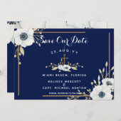 Navy Blue & White Anemone Anchor Nautical Wedding Save The Date (Vorne/Hinten)