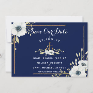 Navy Blue & White Anemone Anchor Nautical Wedding Save The Date