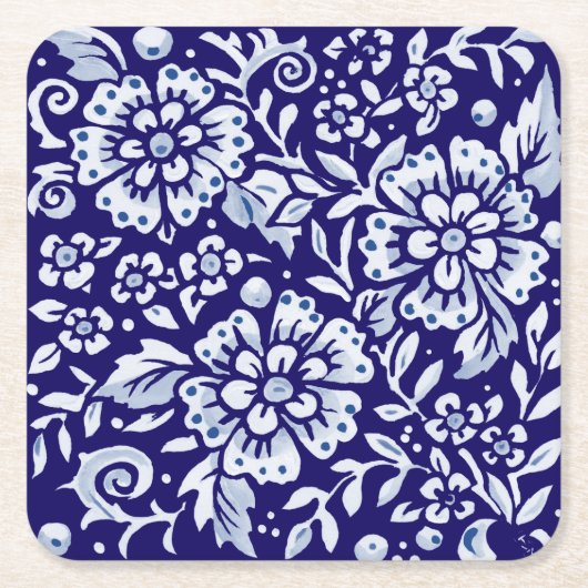 Navy Blue White Bold Floral Chinoiserie Design Rechteckiger Pappuntersetzer (Vorderseite)