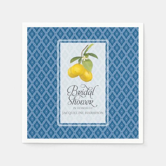 Navy Blue White Brautparty Lemon Citrus Muster Serviette (Vorderseite)