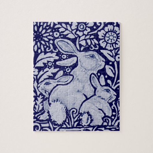 Navy Blue & White Bunny Rabbit Familie & Blume Puzzle (Vertikal)