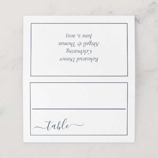 Navy Blue White Calligraphy Script Elegant Wedding Platzkarte (Außenseite Aufgefaltet)