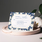 Navy Blue White Chinoiserie Floral Wedding RSVP Karte