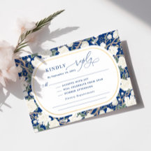 Navy Blue White Chinoiserie Floral Wedding RSVP
