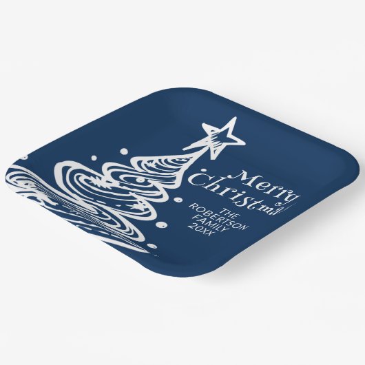 Navy Blue White Christmas Tree Party Pappteller (Gewinkelt)