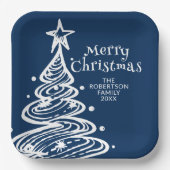 Navy Blue White Christmas Tree Party Pappteller (Vorderseite)