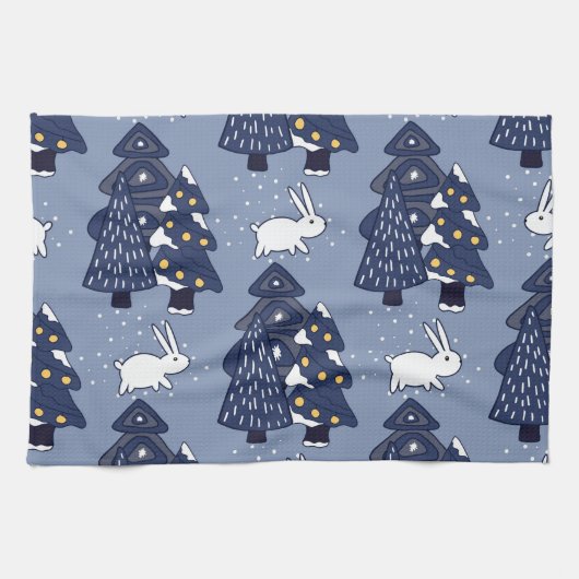 Navy Blue White Christmas Tree Weihnachtsmuster Geschirrtuch (Horizontal)